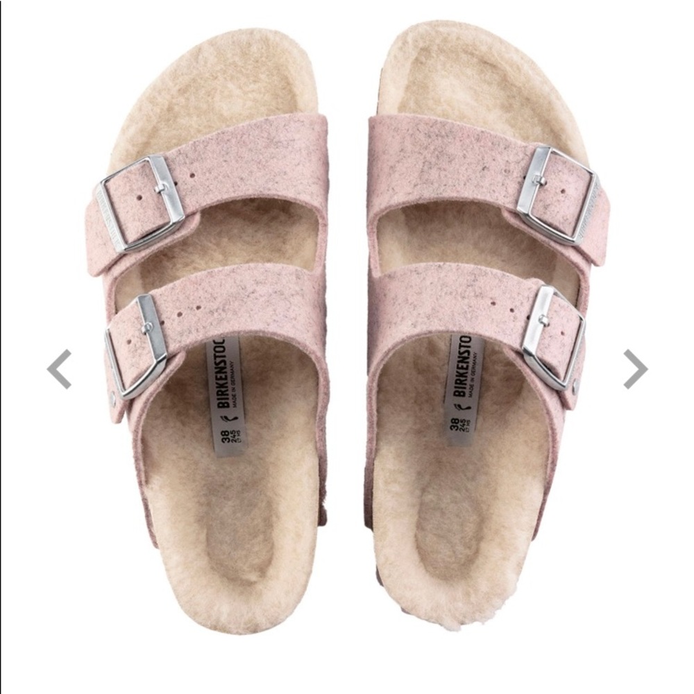📌 Birkenstock Arizona Rivet Soft Pink shearling wool 38 US 7 narrow to reg fit - Picture 2 of 9